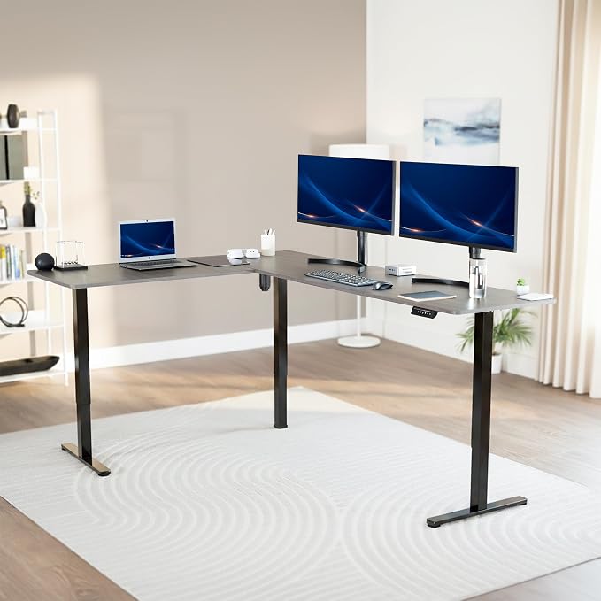 VIVO Dark Gray 84 x 63 in Corner Standing Desk, DESK-E3CTBG-84 | Electric, Large Reversible L-Shaped Table, Sit Stand Height Adjustable, Memory Controller, Office Furniture Sets, Black Frame - Image 2