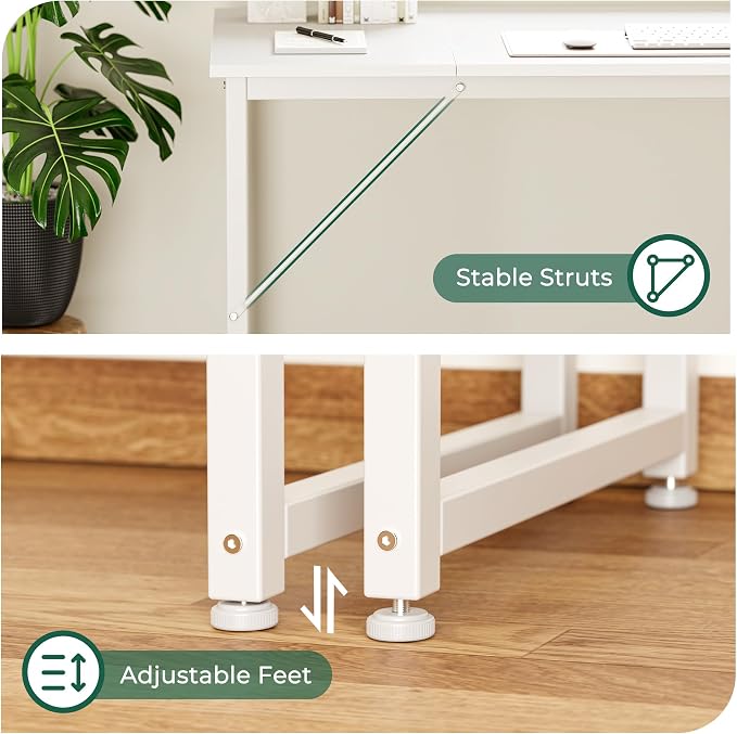 Huuger Computer Desk, 63 Inch Office Desk, Gaming Desk with Storage, Writing Desk Work Desk for Home Office, Study, Modern Simple Desk, Large Legroom, Metal Frame, White - Image 9