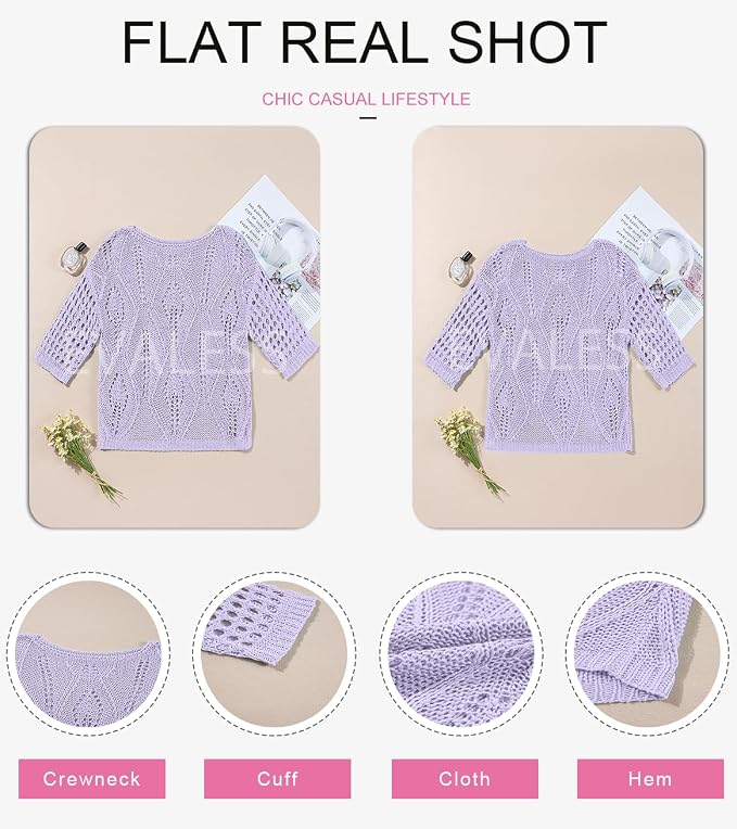 EVALESS Womens Crochet Hollow Out Knit Tops Half Sleeve Spring Summer Sweaters Beach Cover Ups for Women Trendy 2026 - Image 4