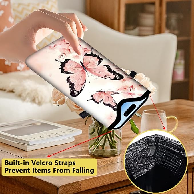 Pink Phone Sleeve with Adjustable Strap Neck Lanyard Fits Most Smartphones, Waterproof Phone Pouch Butterflies Flower Pattern Neoprene Nylon Phone Bag Carrying Case for Women 7.1 x 3.9 Inch - Image 3