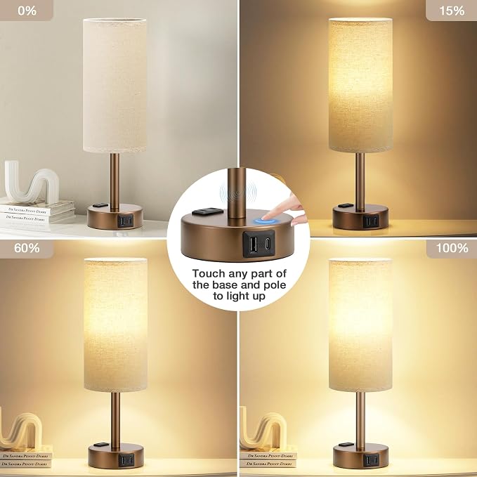 Fenmzee Brown Bedside Table Lamp for Bedroom - 3 Way Dimmable Touch Lamp USB C Charging Ports and AC Outlet, Small Lamp Round Flaxen Fabric Shade for Living Room, Desk, LED Bulb Included - Image 3