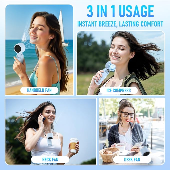 PlayHot Upgraded Portable Handheld Fan with 60°F Ice Cooling, Up tp 12Hrs Personal Fans Portable Rechargeable, 5 Speed 25550RPM Powerful Portables Fan Handheld, Hand/Neck/Desk Fan 3 IN 1(Blue) - Image 6
