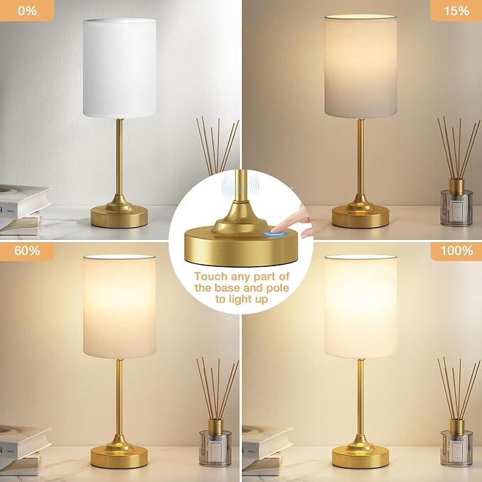 Fenmzee Gold Nightstand Bedroom Lamp - 3 Way Dimmable Bedside Lamp, Small Table Lamp Linen Lampshade for Office Desk, LED Bulb Included - Image 2