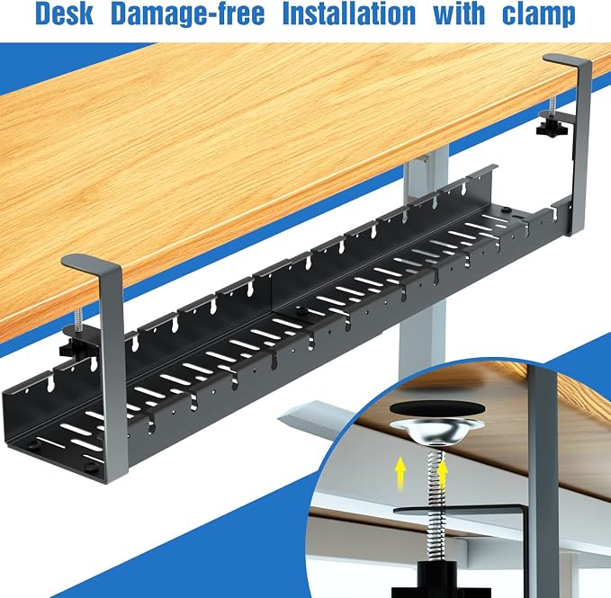 No Drilling Extendable Under Desk Cable Management, Metal Cable Management Tray Under Desk with Clamp, Retractable Power Strip Cord Holder for Wire Management 31Inch(1 Pack Black Extendable 31') - Image 5