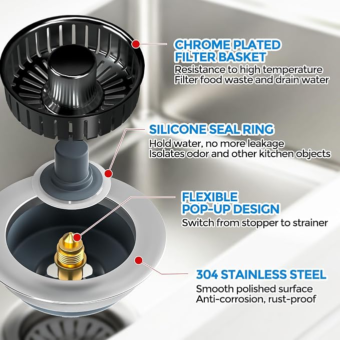3 in 1 Kitchen Sink Drain Strainer Stopper Removable Basket Pop-Up | Kitchen Sink Accessories 1 Pack Brushed Black Stainless - Food Catcher, Odor-Blocking Seal, Fits 3.5" Drain - Image 6