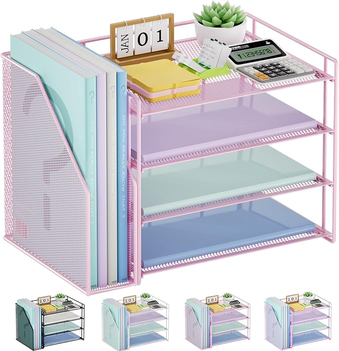 Marbrasse 4-Tier Paper Tray Organizer with File Holder, Pink | Sturdy Paper Tray, Built-in File Holder, fits Letters/Docs, Saves Desk Space, for School/Office/Home by Marbrasse