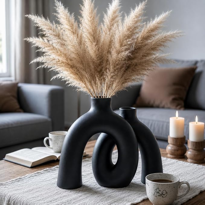 Jas & Jax Matte Black Ceramic Hug Donut Vase Set – Nordic Boho Home Decor, Pampas Grass & Dried Flowers Centerpiece for Living Room, Console Table, Bookshelf or Mantel by Unknown