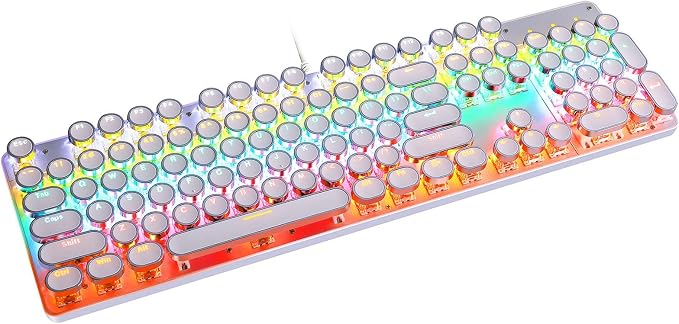 YSCP Typewriter Style Mechanical Gaming Keyboard Rainbow Backlit Wired with Blue Switch Retro Round Keycap 104 Keys Keyboard (L-White) by YSCP