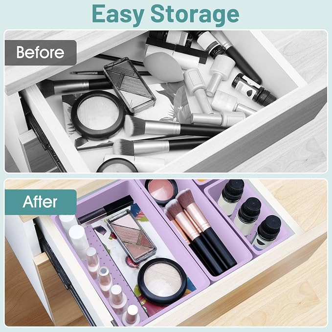 WOWBOX 25 PCS Plastic Drawer Organizer Set, 4 Sizes Desk Drawer Divider Organizers and Storage Bins for Makeup, Jewelry, Gadgets for Kitchen, Bedroom, Bathroom, Office, Purple - Image 4
