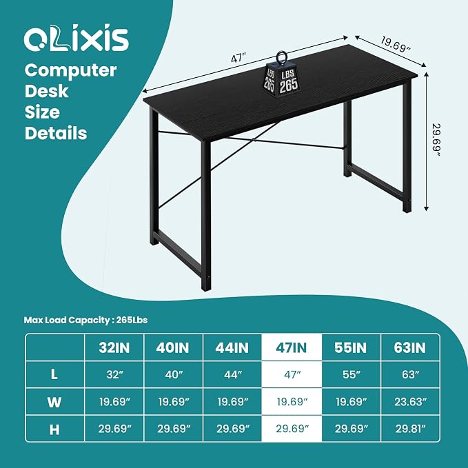 OLIXIS 47 Inch Home Office Desk, Study Desk, Work Table | Small Computer Writing, X-Shaped Reinforcement Structure, Modern Simple Style, Bedroom Dorm Room, Black - Image 3