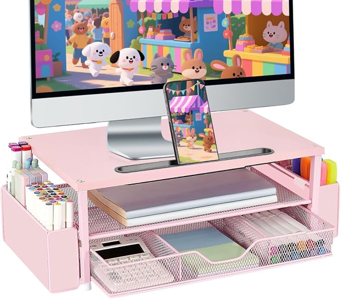 AUPSEN Pink Desk Organizers and Accessories, 2-Tier Wood Computer Monitor Stand with Drawer, Pen Storage & Phone Holder, Office Desk Accessories, Workspace Desktop Organization for Office Supplies by AUPSEN