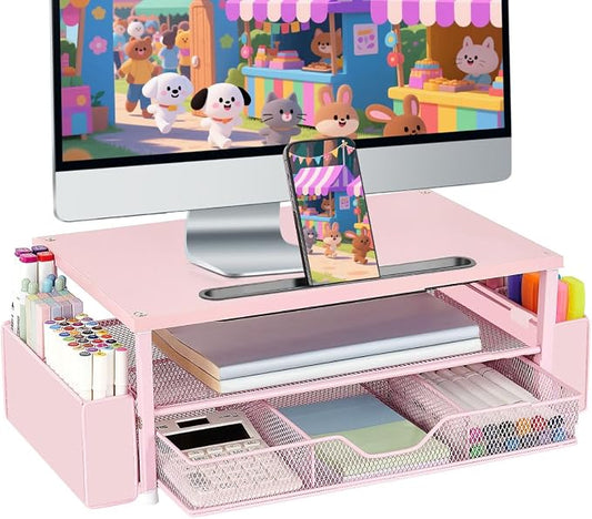 AUPSEN Pink Desk Organizers and Accessories, 2-Tier Wood Computer Monitor Stand with Drawer, Pen Storage & Phone Holder, Office Desk Accessories, Workspace Desktop Organization for Office Supplies by AUPSEN