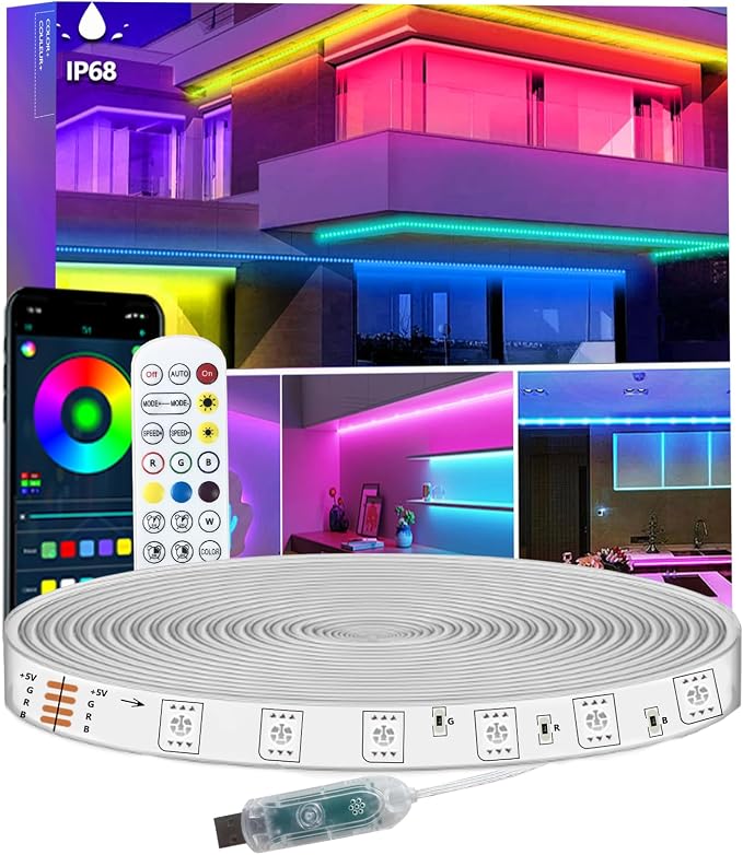 16.4FT LED Strip Lights IP68 Outdoor Waterproof, 5V USB Powered, Music Sync Bluetooth APP/RF Remote Control Lights for Balcony,Deck,Camping,Garden,Bedroom Decor by httpsmp