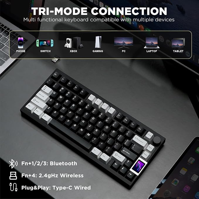 YUNZII AL80 75% Wireless Aluminum Mechanical Keyboard(Black, Cocoa Cream) | QMK/VIA, Smart LCD Display and Knob, Hot Swap, Gasket Structure, BT/2.4G/USB-C, RGB Keyboard for Gaming/Win/Mac - Image 4