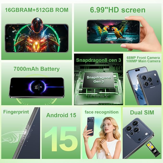 17 PMAX Unlocked Cell Phone,16GB+512GB Smartphone,6.99" HD Screen Android 15 5G Phones,Battery 7000mAh Android The Phone,Fingerprint Button Unlock/GPS/Face ID/Dual SIM/5G (Deep Blue) - Image 2