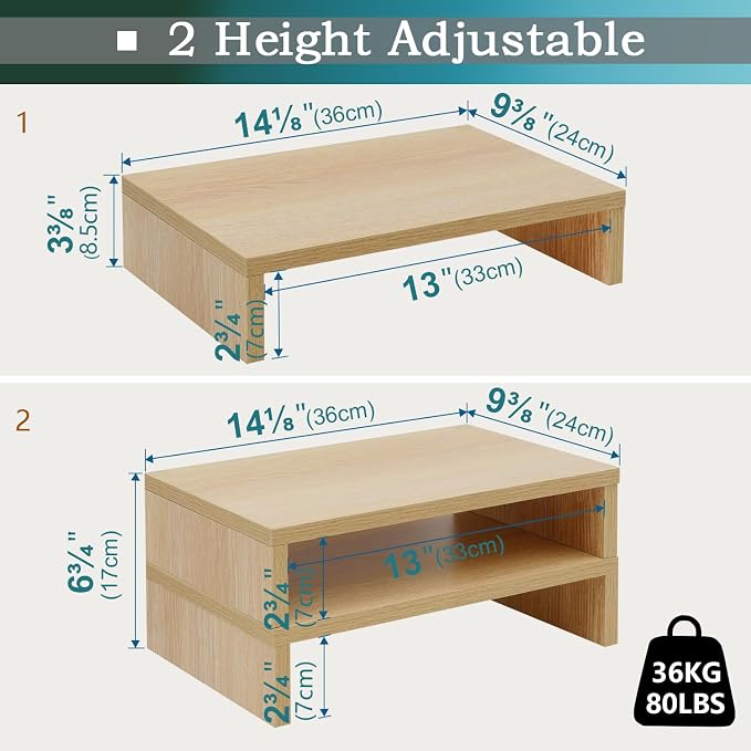 TEAMIX Wood Monitor Stand Riser - 2 Pack Adjustable Dual Monitor Riser for Laptop/PC - Image 5