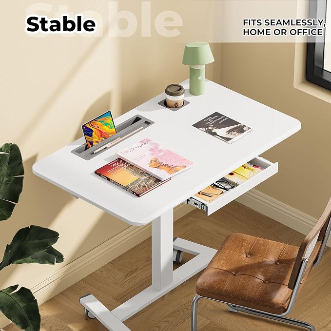 40"×24" Mobile Standing Desk with Drawer, Cup Holder & Hooks | Height Adjustable Portable Desk on Wheels, Small Computer Desk, Rolling Laptop Cart for Home Office, Classroom, White - Image 9
