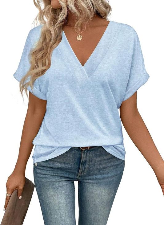 T Shirts Short Sleeve V Neck Tees Womens Tops Beach Vacation Fashion Clothes 2026 Casual Summer Spring Fall Outfits by EyMuseWomensTops
