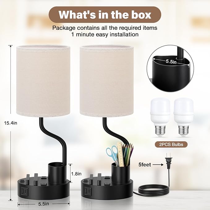 Fenmzee Bedside Lamps for Bedroom Set of 2 - Table Desk Lamp for Nightstand | 15" Table Lamp for Living Room with Pen Holder & Phone Stand, USB A+C Port, AC Outlet, 3 Color Temperature, LED Bulb Included - Image 6