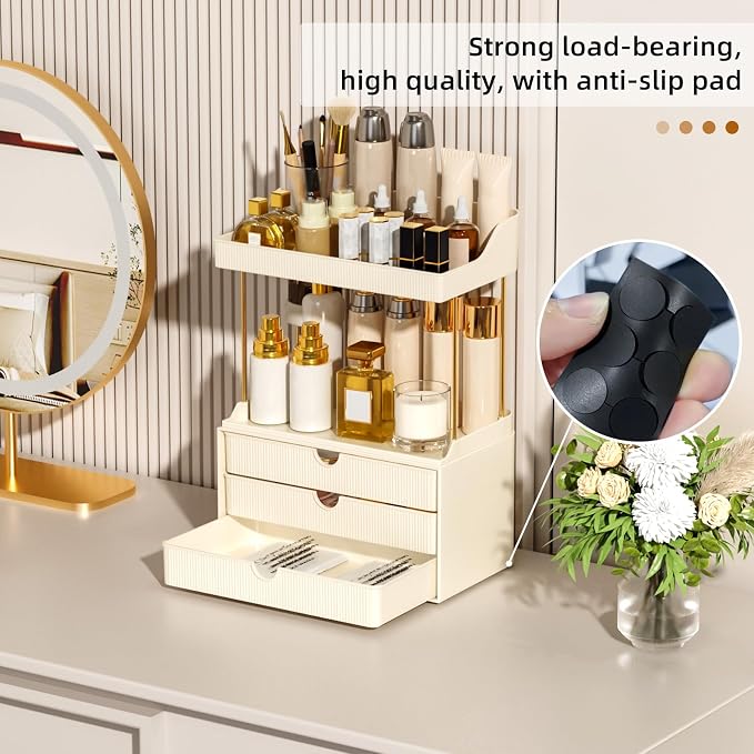 StorBin Arcylic 5-Tier Makeup & Skincare Organizer for Vanity, Bath | Smooth 3 drawers, clear body, gold frame, non-slip, for perfumes, serums, face masks, palettes, vanity & bath counter,white - Image 5