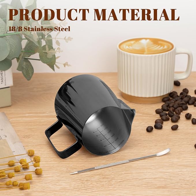 Amrules Milk Frothing Pitcher, 12 oz Milk Frother Cup with Clear Scale, 304 Stainless Steel Cappuccino Espresso Machine Accessories for Barista Coffee Bar with Latte Art Pen, Bright Black - Image 5