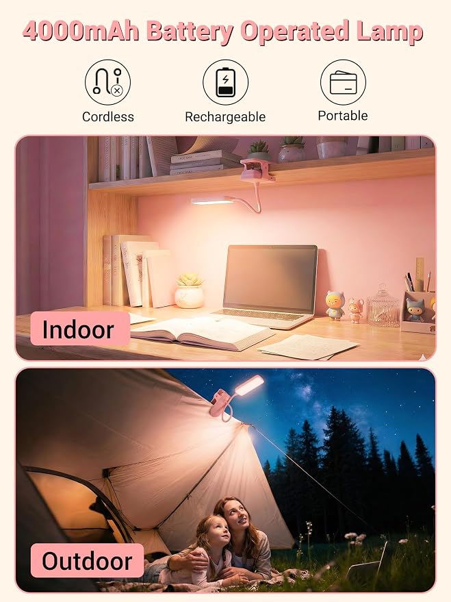 Pink Desk Lamp for Dorm Lamp, 9 Brightness+5 Color Clip on Light, Cute Lamp | 4000mAh Battery Rechargeable, Small Pink Lamp for Girls/Kids, Cordless Clip on Reading Light for Bed/Headboard/Bedside Table - Image 4