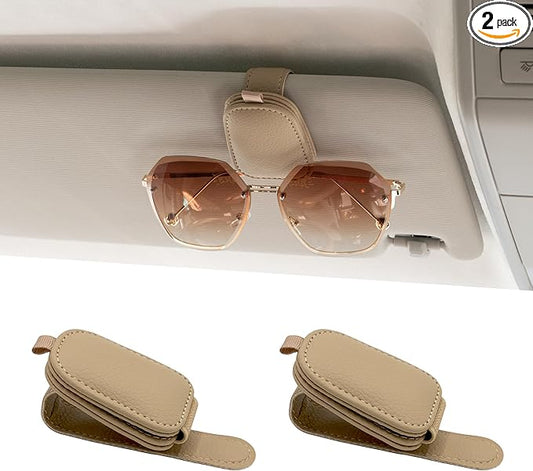 Yuoyar Magnetic Leather Sunglasses Holder for Car, 2 Packs (Beige) | Magnetic Car Visor Accessories by YUOYAR