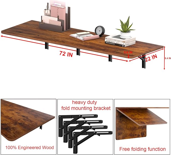 IAE 72x22in Floating Fold Desk,Wall-Mounted Folding Computer Table,Rustic | Study Table with Shelf Brackets,Foldable Down Shelf with Engineered Wood,Fold Computer Desk for Small Apartment,Holds 519 lb - Image 2