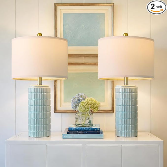PoKat 23" Light Blue Table Lamps Set of 2, Modern Bedside Lamps for Bedroom, Coastal Ceramic End Table Lamps for Living Room, Ocean Nightstand New Home Decor Lamps by Pokat