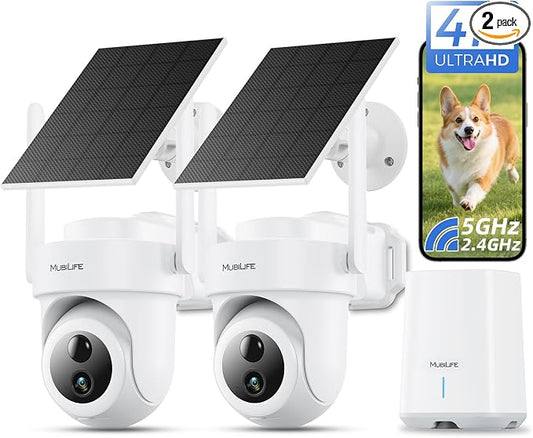 MUBILIFE 4K Security Cameras Wireless Outdoor, No Subscription, 8MP Solar Powered Cameras for Home Security, 64GB Local Storage, AI Auto Tracking, Color Night Vision, 2.4&5GHz WiFi, 2-Cam Kit by MUBILIFE