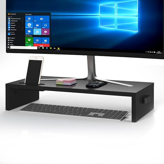 1home Ergonomic Monitor Stand Riser, 21.3 Inch Wood Desktop Stand with Cellphone Holder and Cable Management, Black | Wood Desktop Organizer with Cellphone Holder and Cable Management for PC, Laptop, Printer and Home Office Workspace by BONTEC