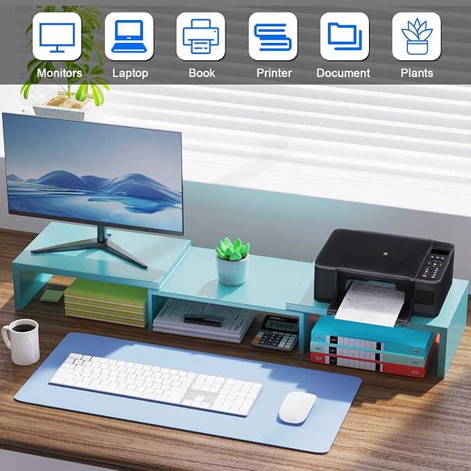 Dual Monitor Stand for Desk, Metal Computer Stand, Desk Shelf Riser,Desktop Organizer for Home and Office Use (Blue) - Image 3