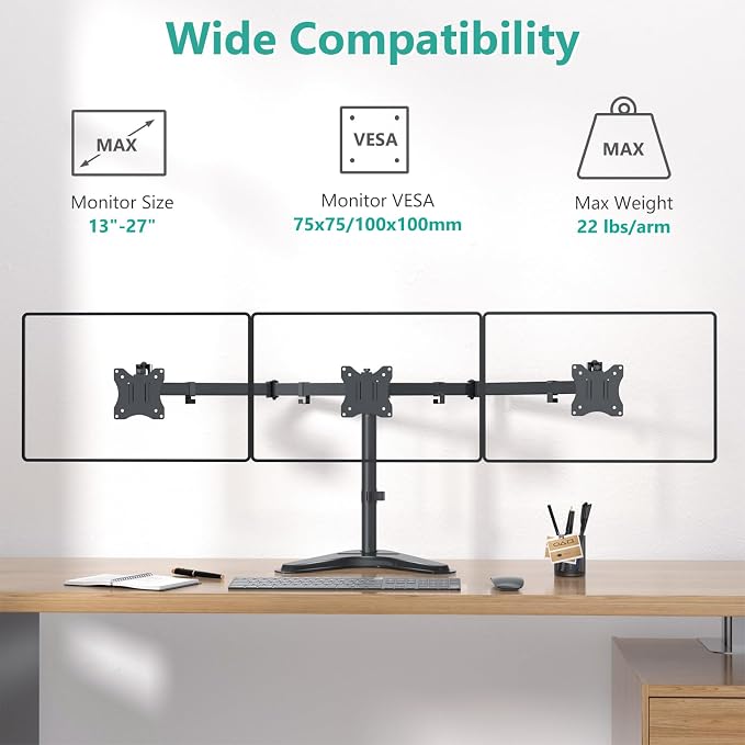 WALI Free Standing Triple Monitor Mount, Heavy Duty Triple Monitors Stand for 13-27 inch Screens, Adjustable 3 Monitor Arm Desk Mount with Swivel, Tilt, Rotation, Grommet Base (MF003N), Black - Image 2
