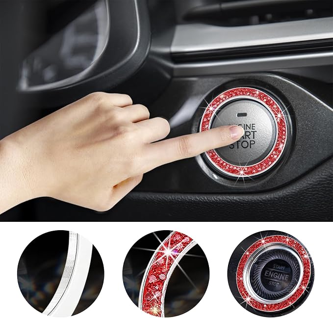 Kewucn 2 PCS Bling Crystal Double Rhinestone Car Engine Start Decoration Ring, Sparkling Push Start Button Sticker, Key Ignition & Knob Ring Decoration, Bling Car Interior Accessory(Red) - Image 4