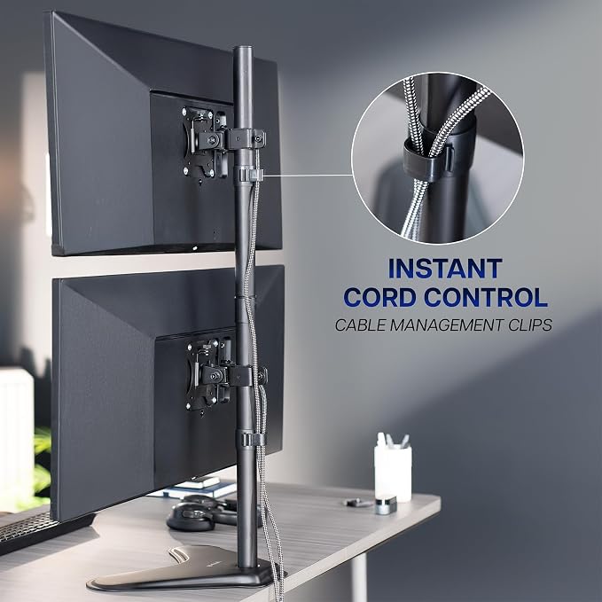VIVO Dual Monitor Desk Stand Free-Standing LCD Mount, Holds in Stacked Vertical Position 2 Ultrawide Screens up to 34 inches, Black, STAND-V002L - Image 9