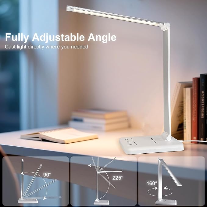 White crown LED Desk Lamp Dimmable Table Lamp Reading Lamp with USB Charging Port, 5 Lighting Modes, Sensitive Control, 30/60 Minutes Timer (White, First-Generation) - Image 9