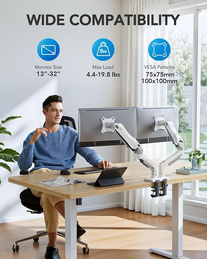 HUANUO Dual Monitor Stand - Full Adjustable Monitor Desk Mount Swivel Vesa Bracket with C Clamp, Grommet Mounting Base for 13 to 32 Inch Computer Screens - Each Arm Holds 4.4 to 19.8lbs - White - Image 2