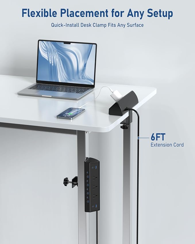 Jgstkcity 130W Desk Clamp Power Strip, 12 USB Ports (6 PD 65W USB-C),Surge Protector,ETL Listed Power Hub Extension Cord,Fast Charging Station for Home Office Desk Edge Mount (Black, 12 USB-130W) - Image 6