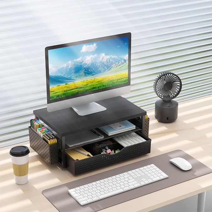 gianotter Desk Organizers and Accessories, Monitor Stand with Drawer and 2 Pen Holder, Desktop Organizer Suitable for Offices and Dormitories (Black-Plain) - Image 7