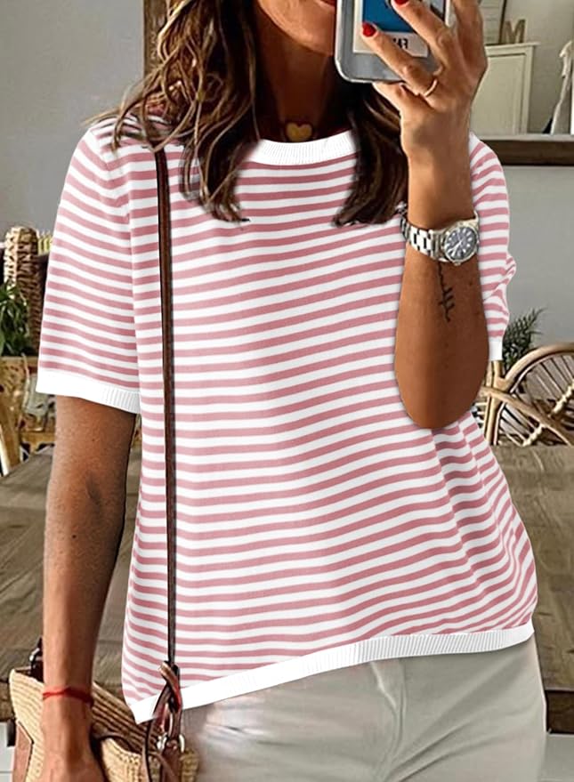 Dokotoo Womens Tops 2026 Casual Summer Crewneck Short Sleeve Striped Color Block Knit High Low Trendy Pullover Sweaters - Image 3