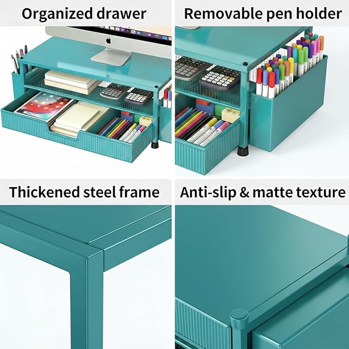 ECOLOVI Desk Organizer and Accessories, 2-Tier Computer Monitor Stand Rise with Storage Drawer & 2 Pen Holders, Laptop & Printer Stand for Desktop, Workspace Organizers for Office Supplies (Blue) - Image 3