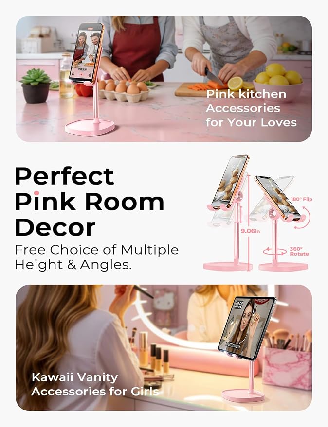 LISEN Cell Phone Stand Phone Holder for Desk, Gaming for Nintendo Switch | Pink Desk Accessories for Women Office Cute, Vanity Decor Pink Gifts Girls, Kawaii Bathroom Dorm Room Essentials Decor - Image 3