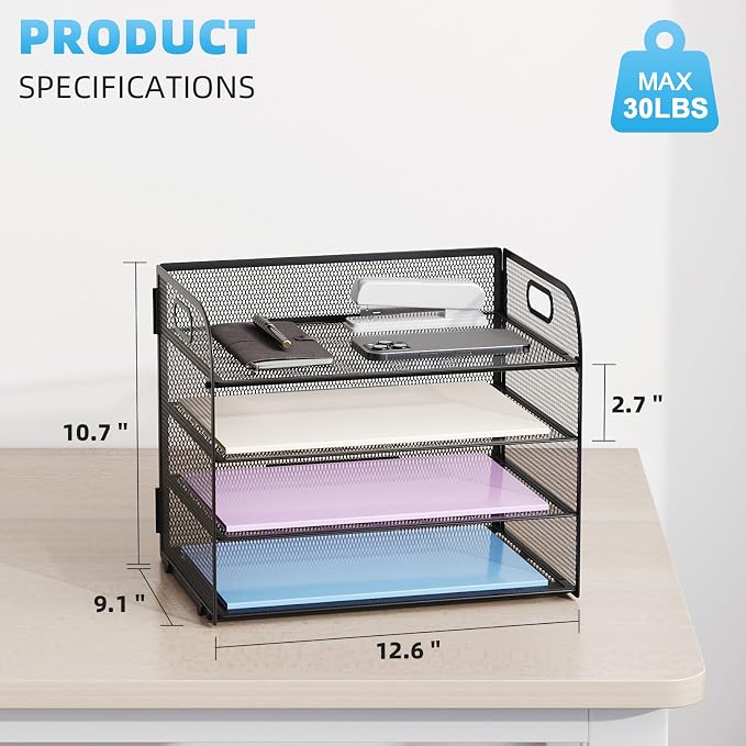 Marbrasse 4 Tier Paper Organizer Letter Tray - Mesh Desk File Organizer with Handle, Paper Sorter Organizer for Letter/A4 Office File Folder Holder (Black, 12.6" x 9.1" x 10.7") - Image 3