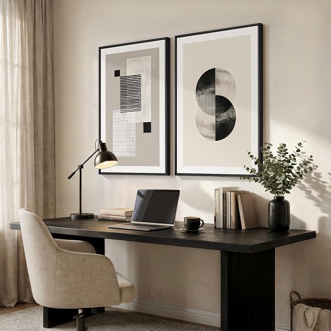 Large Framed Black and White Neutral Abstract Wall Art for Living Room, 2 Piece Modern Canvas Prints Artwork for Walls, Beige Minimalist Geometric Pictures for Bedroom Hallway Wall Decor 24x36 In - Image 2