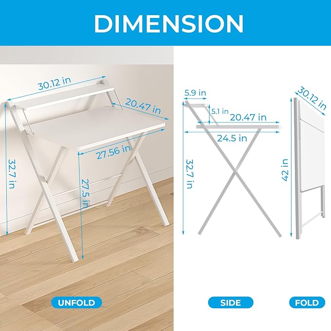 GreenForest Folding Desk No Assembly Required Large Size, 2-Tier Foldable Computer Desk with Shelf for Home Office, Space Saving Portable Laptop Study Foldable Table for Bedroom, White | Portable Foldable Table for Laptop, 2-Tier Compact with Shelf, Sp... - Image 3