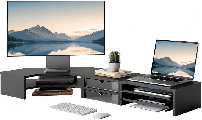 Fenge Dual Monitor Stand, 2-Tier Corner Monitor Riser with Drawer and Slide-out Tray, Triangle Desktop Shelf Organizer for Laptop Computer Printer Home Office Desk, Black by Fenge
