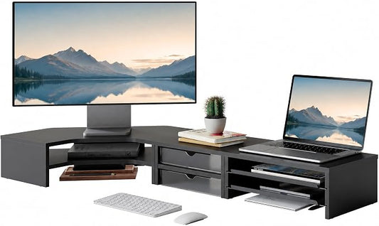 Fenge Dual Monitor Stand, 2-Tier Corner Monitor Riser with Drawer and Slide-out Tray, Triangle Desktop Shelf Organizer for Laptop Computer Printer Home Office Desk, Black by Fenge