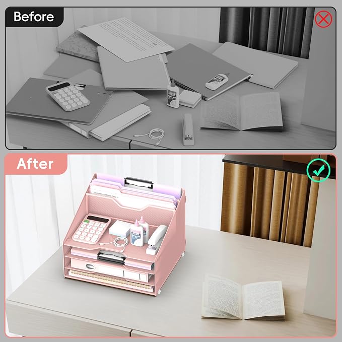 Desk File Organizer, 4 Letter Trays and 2 Upright Sections, Pink | Paper Organizer for Desk with Tiered Letter Trays and Vertical File Holders for Home Office, School and Workspace Use - Image 3