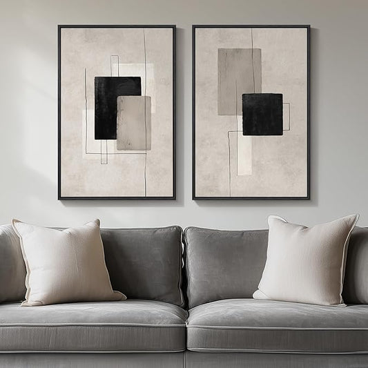 Framed Neutral Abstract Wall Art Set of 2, Black Beige Modern Canvas Prints Paintings Artwork for Walls, Minimalist Block Lines Pictures for Living Room, Dining Room, Bedroom Wall Decor 16x24 In by Cuspin