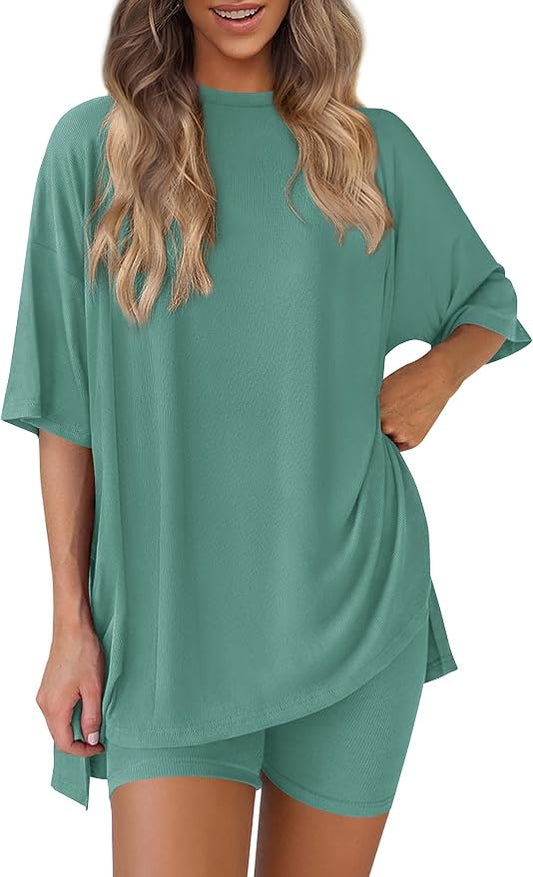 PRETTYGARDEN Women 2 Piece Lounge Set 2026 Summer Casual Oversized Shirts Biker Shorts Matching Airport Travel Outfit Clothes by PRETTYGARDEN